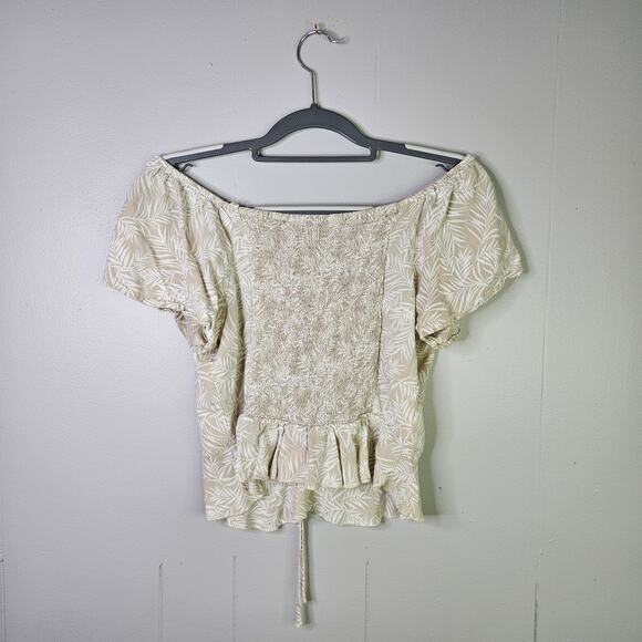 Japna Beige Tropical Crop Top Short Sleeve Blouse Size Large Beachy Coastal - Picture 2 of 9